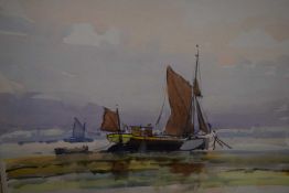 Gordon Hales (British, 20th century), shipping scene, watercolour and wash on board,15x22ins,