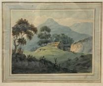 British School (20th century) a rural landscape with distant peaks, watercolour and ink,