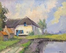 C.Wiegman (20th Century) A thatched cottage next to a pool, oil on canvas, framed.