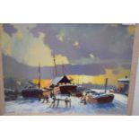 Gordon Hales (British, 20th century) "Snow in the Estuary", oil on board, signed, 11x15ins, framed