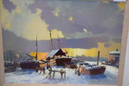 Gordon Hales (British, 20th century) "Snow in the Estuary", oil on board, signed, 11x15ins, framed
