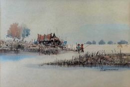 Oriental fishing scene, watercolour and ink, indistinctly signed, framed and glazed.