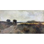 British School, 20th century, travellers on a dirt path, oil on board, indistinctly signed, 6.