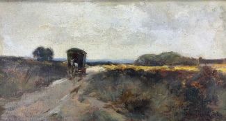 British School, 20th century, travellers on a dirt path, oil on board, indistinctly signed, 6.