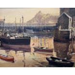 Tony Strong (British, 20th century), harbour scene, mixed media on board, signed, 23x29ins, framed.