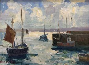 Eric Ward (British, 20th century) 'West Pier at St.Ives', oil on canvas, signed, framed, 6.5x9ins