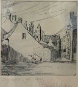 Sandford Batally, "Chimneys", Holt, signed and dated Oct 23, etching, 4.5x4.5ins, framed and glazed.