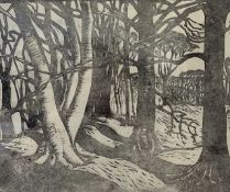 Horace Tuck (British, 20th century), woodland linocut, 10x12ins, framed and glazed. (Ref: 2D)