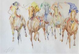 British, contemporary, horse racing study, watercolour and pencil, indistinctly signed in pencil,