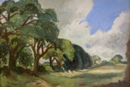Horace Tuck (British, 20th century), trees bordering fields, oil on board, 12.5x18 ins, framed. (