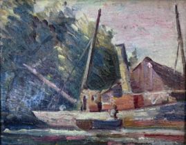 Horace Tuck (British, 20th century), figure in a boat about to dock, oil on board, 6.5x8.5ins,