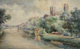 Beatrice Leatham, Durham Cathedral and Castle from the banks of the River Wear, watercolour, signed,