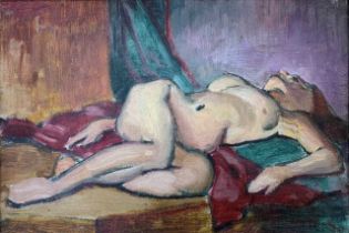 Horace Tuck (British, 20th century), reclining nude, oil on board, signed, 6.5x9.5ins, framed. (
