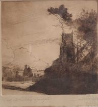 Sandford Batally, "Cley and Wiverton churches", etching, 6.5x6.5ins, signed and dated Oct 23, framed