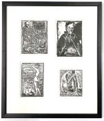 Horace Tuck (British, 20th century), four windowed giclee prints of original woodcuts, 3.5x3.5ins