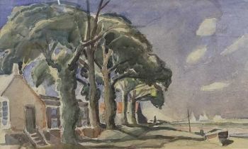 Horace Tuck (British, 20th century), "Treescape and boat", watercolour and graphite, 8.5x14ins.