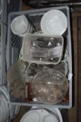 Mixed box containing cutlery, glass serving dishes, bowls etc