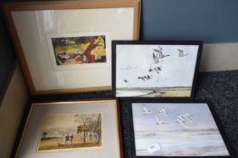 4 mixed prints and watercolour pictures/paintings