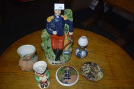 Reproduction Napoleon Staffordshire figure together with various pot lids, Toby jug and other items