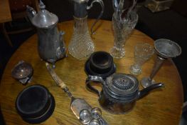 Mixed Lot: Various silver plated wares to include teapot, claret jug, stem vase, crumb tray and
