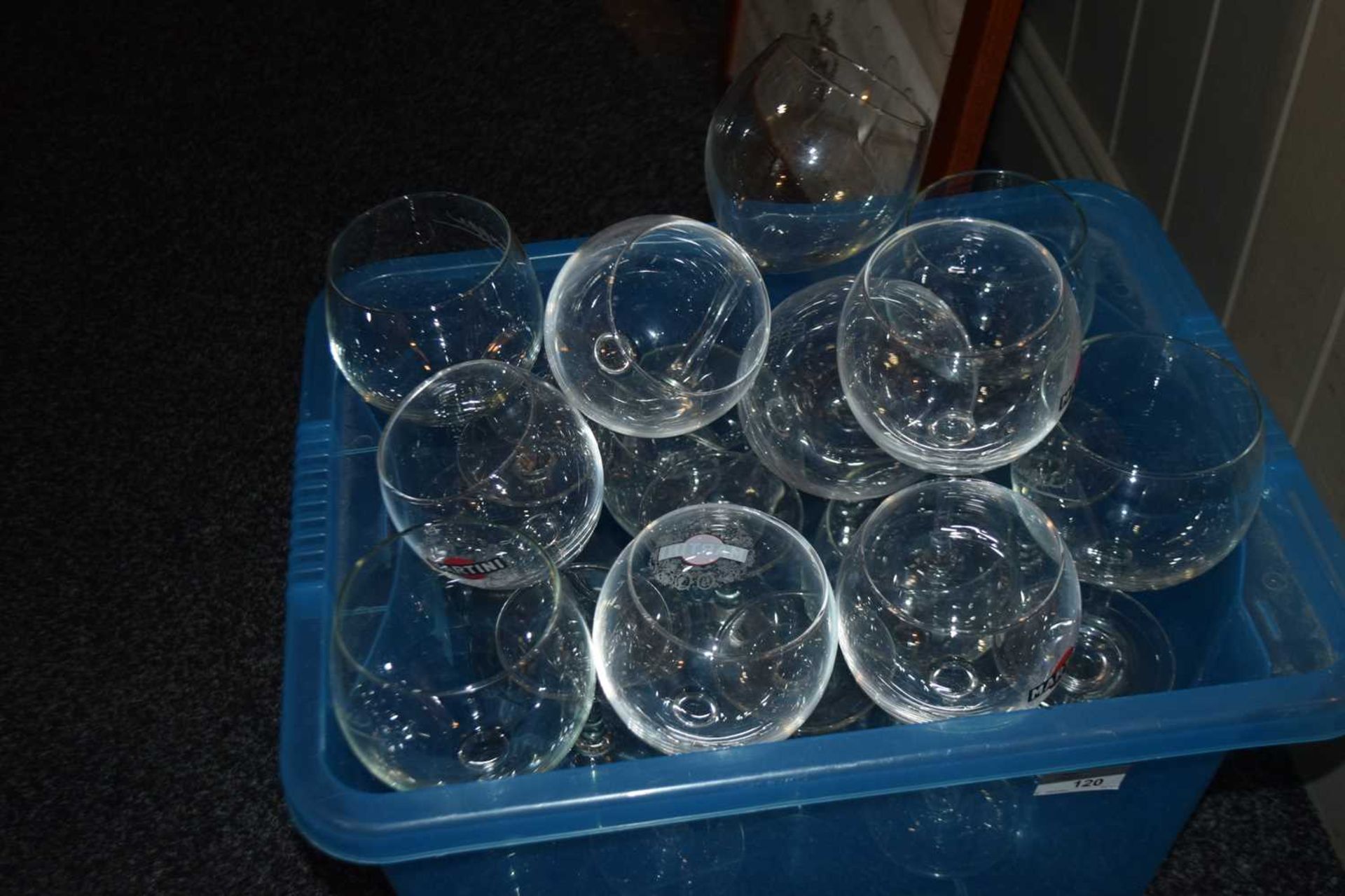 Box containing approximately 18 Martini branded glasses