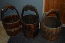 3 vintage water pails, average height approx 65 cm