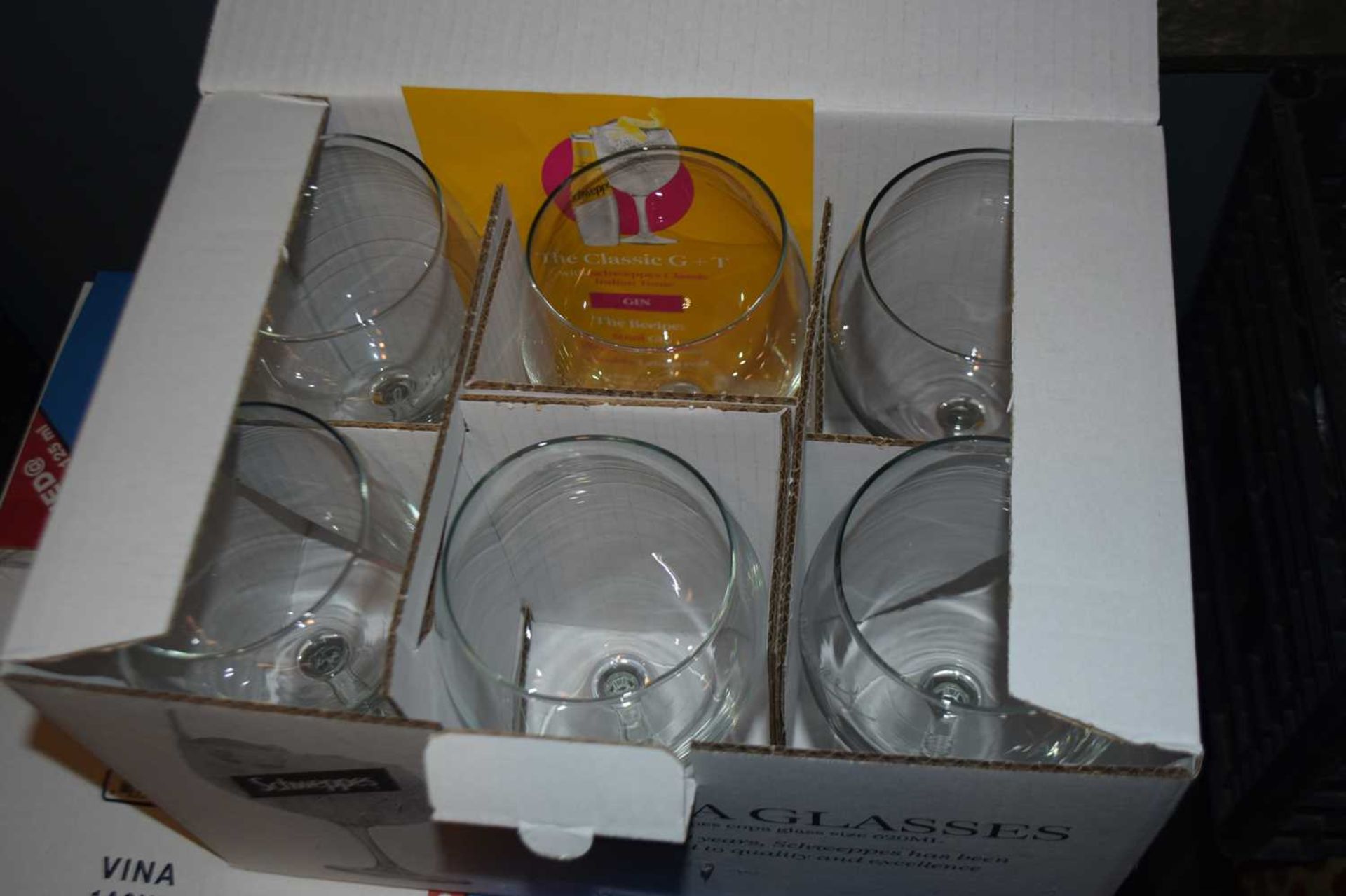 Box containing 6 Copa Schweppes branded glasses, glass size 620ml