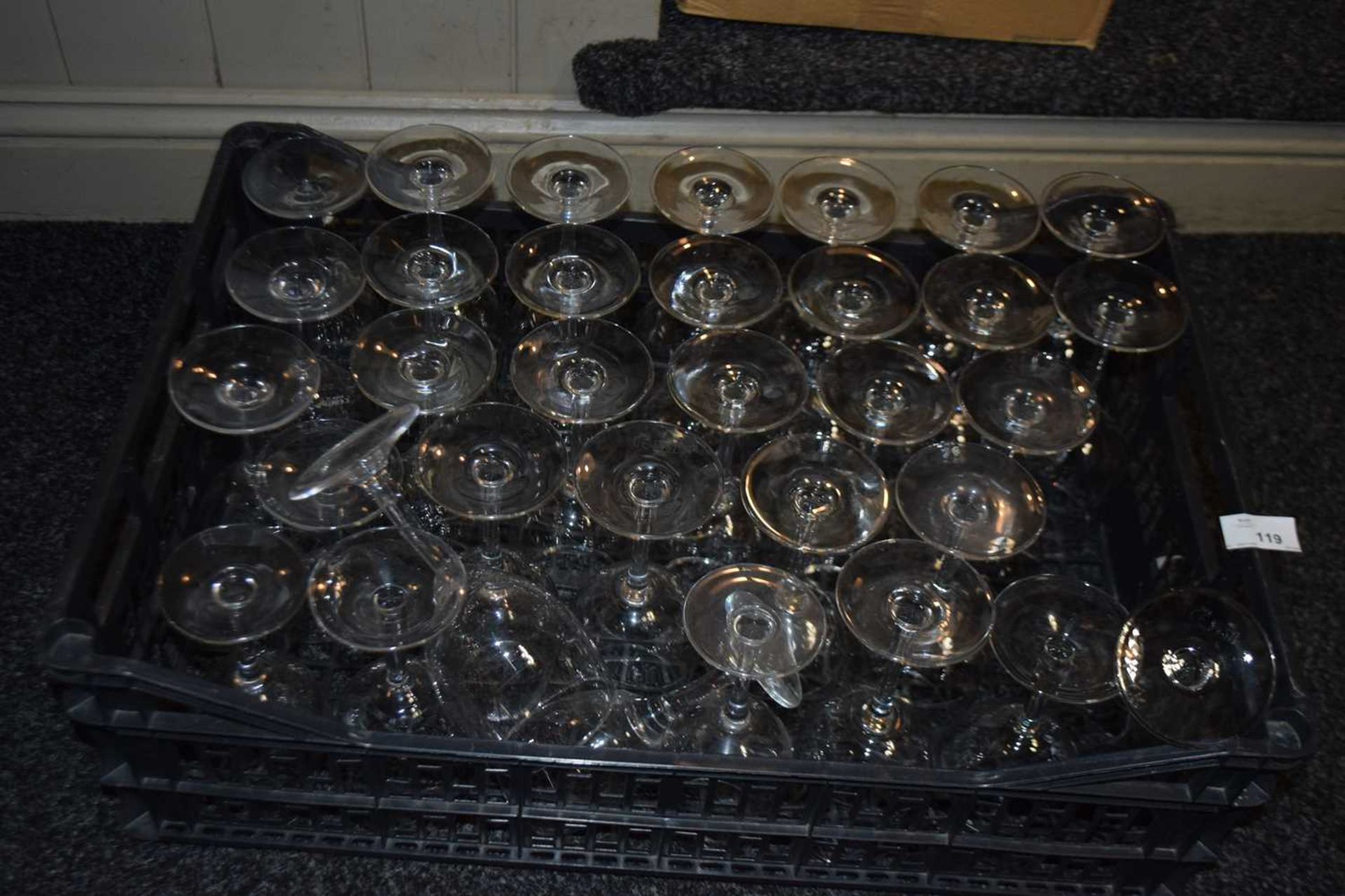 Crate containing mixed wine glasses