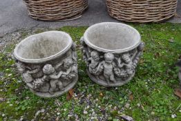 Pair of decorative composite garden plant pots, height 30cm, width 35cm