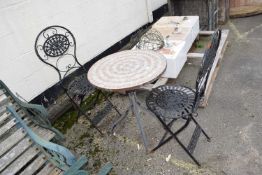 Small metal garden bistro set, table and two chairs, table height approx 70cm