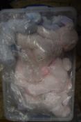 Box containing a large quantity of Baby Soft teddy bears of both baby boy and baby girl variety