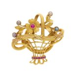 An early 20th century French 18ct gold, ruby and pearl jardiniere brooch