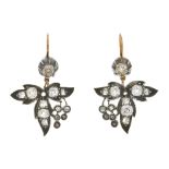 A pair of mid to late 19th century silver and gold, diamond foliate drop earrings