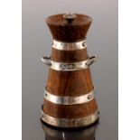 A German silver banded oak pepper grinder, Breidstein and Renaud, Frankfurt circa 1900