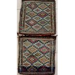 A pair of Caucasian saddle bags in soumak technique, 56 by 56cm and 57 by 60cm (2)