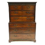 A George III mahogany chest on chest, circa 1790, moulded and dentil cornice, Chinese blind fretwork