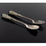 Hannah Barlow for Doulton Lambeth, a pair of stoneware and silver plated salad servers