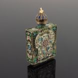 A Russian silver cloisonne enamel scent flask, of square section with a floral design within a