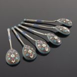 A set of six Russian silver gilt cloisonne enamel spoons, struck standard and workmaster marks, in a