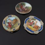 Two Continental silver gilt powder compacts, each with printed enamelled covers depicting courtly
