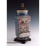 A Chinese table lamp base, 20th Century, of square section, painted with enamelled panels of