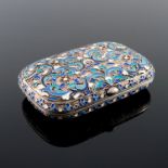 A Russian silver cloisonne enamel cigarette case, scroll design in blue, turquoise and cream, struck