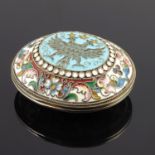 A Russian silver cloisonne enamel snuff box, of oval form with a double headed coronet eagle