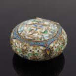A Russian silver cloisonne enamel snuff box, of circular form, the hinged cover with a floral design
