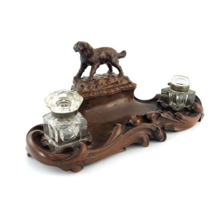 A late 19th Century Black Forest double desk inkwell, of serpentine form with high relief carved - Image 3 of 5