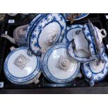 Staffordshire blue and white tureens and teapot (