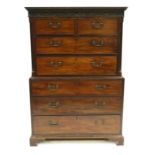A George III mahogany chest on chest, circa 1790, moulded and dentil cornice, Chinese blind fretwork