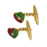 A pair of early 20th century 18ct gold diamond and enamel heart-shape cufflinks