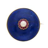 An early 20th century Russian 14ct gold sodalite, ruby and pearl brooch