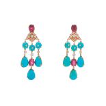 A pair of gold, turquoise, pink tourmaline and diamond chandelier drop earrings